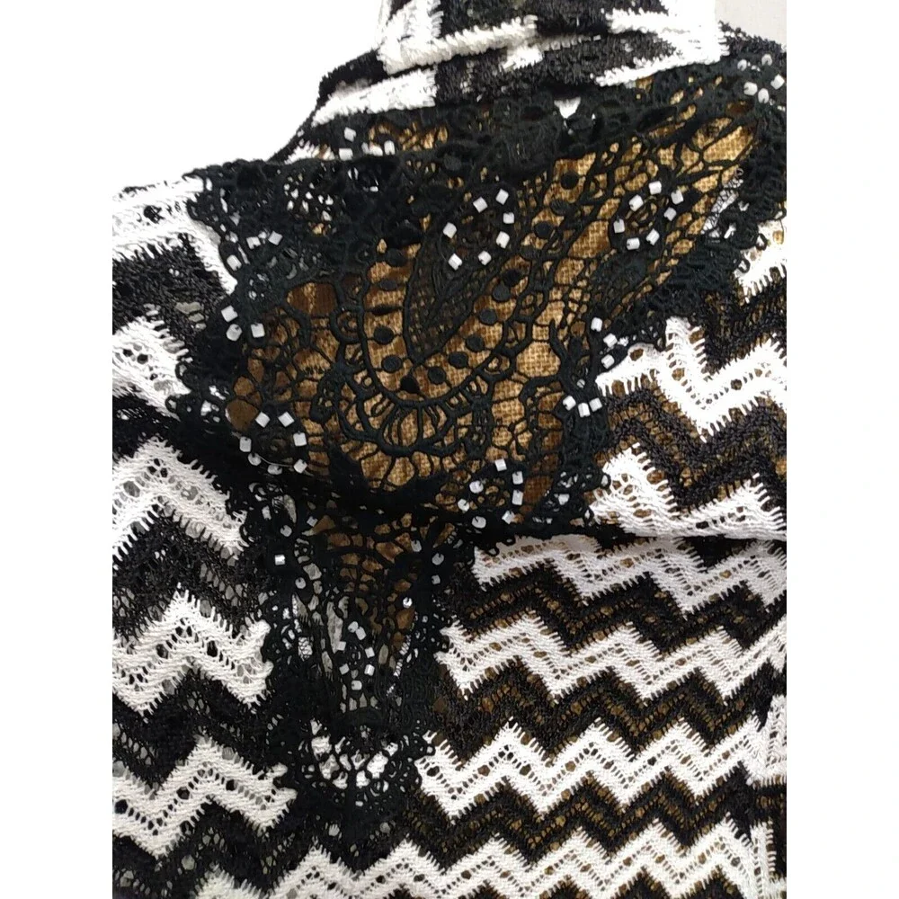 alberto makali Women Black White Geometric Waterfall Crochet Cardigan Size‎ L